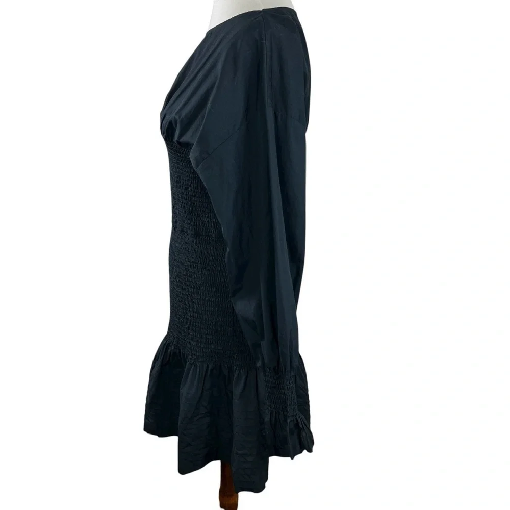 Derek Lam Collective Black Smocked Long Sleeve Ruffle Hem Cotton Mini Dress